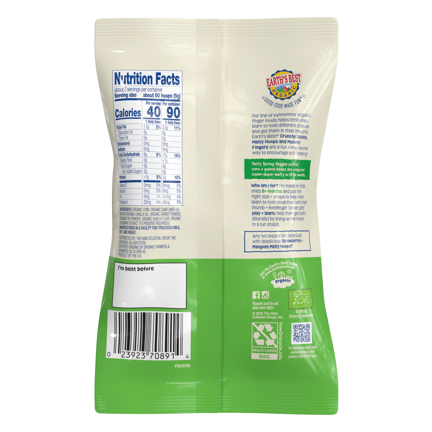 slide 2 of 2, Earth's Best Organic Organic Ages 8 m+ Melty Hoops Spring Veggies Puffed Corn Snack 0.7 oz, 0.7 oz