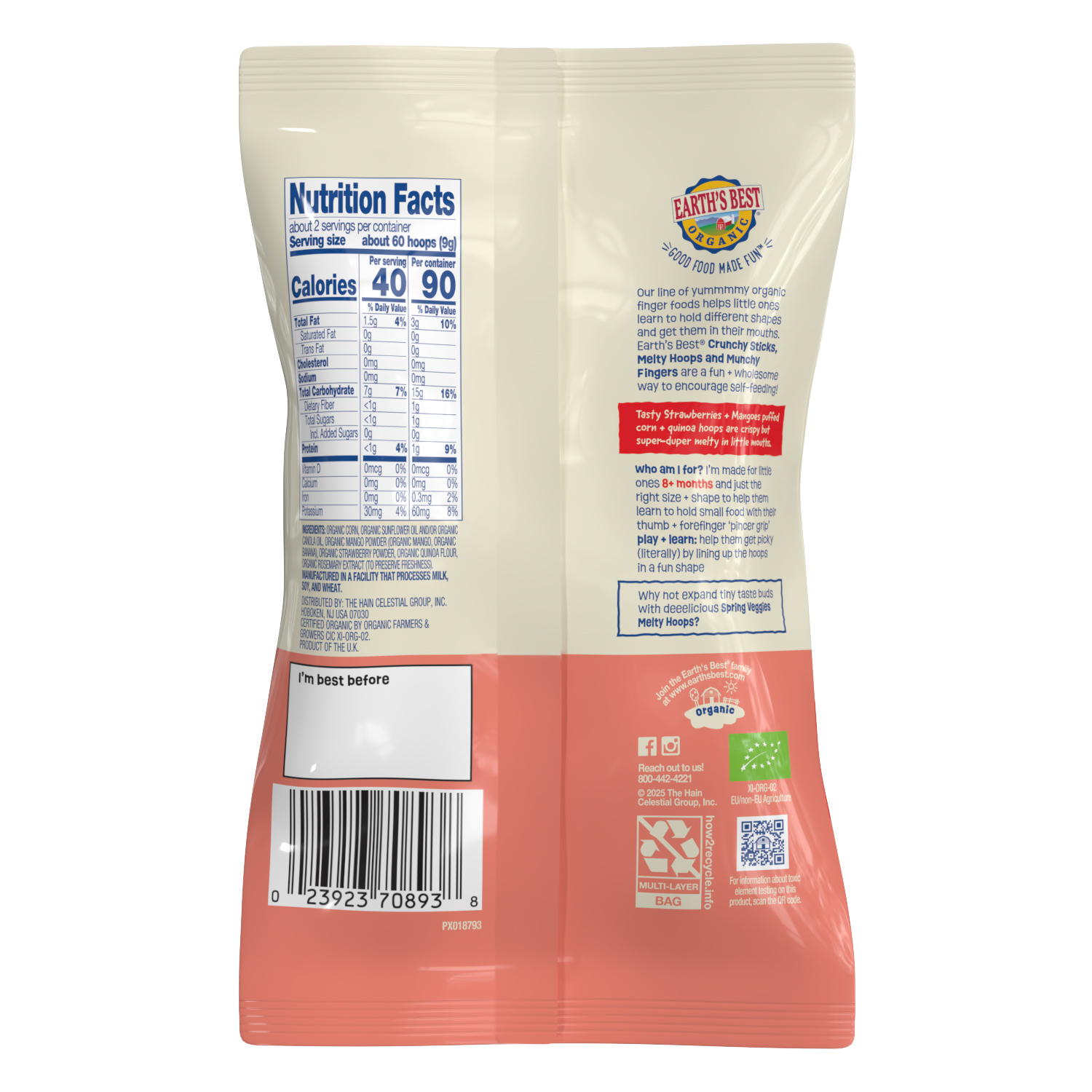 slide 2 of 2, Earth's Best Organic Organic Ages 8 m+ Melty Hoops Strawberries + Mangoes Puffed Corn Snack 0.7 oz, 0.7 oz