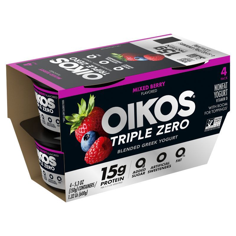 slide 4 of 17, Oikos Triple Zero Mixed Berry Greek Yogurt - 4ct/5.3oz Cups, 4 ct; 5.3 oz