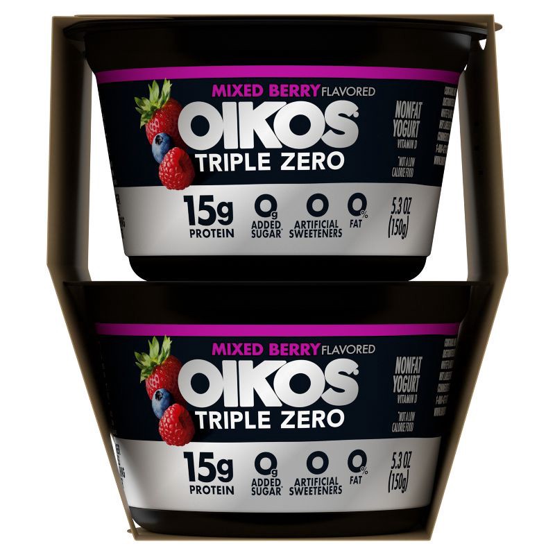 slide 13 of 13, Oikos Triple Zero Mixed Berry Greek Yogurt - 15g Protein 4ct/5.3oz Cups, 15 gram, 4 ct, 5.3 oz