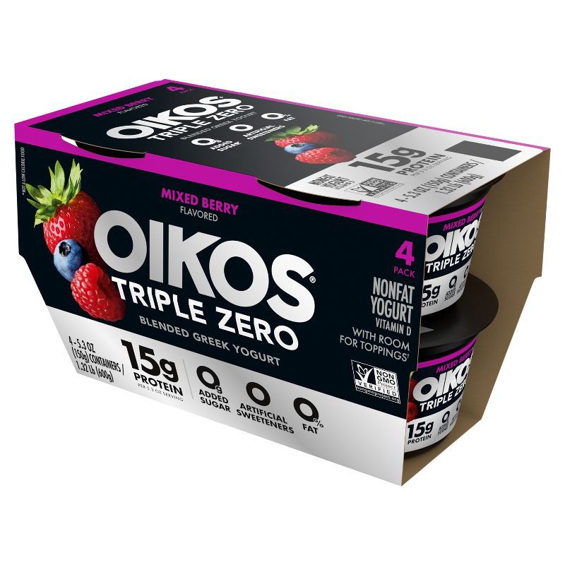 slide 7 of 17, Oikos Triple Zero Mixed Berry Greek Yogurt - 4ct/5.3oz Cups, 4 ct; 5.3 oz