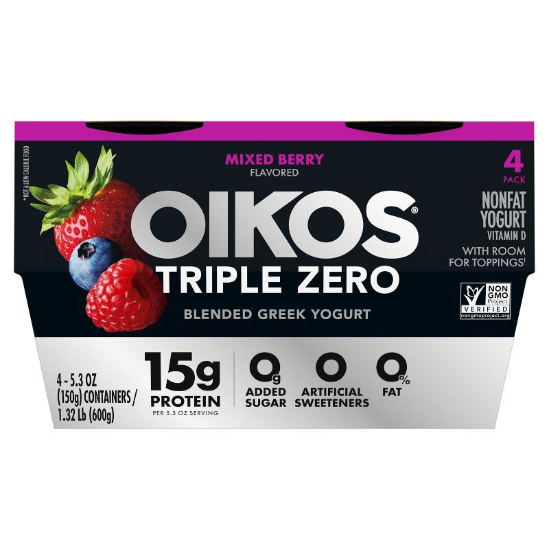 slide 8 of 17, Oikos Triple Zero Mixed Berry Greek Yogurt - 4ct/5.3oz Cups, 4 ct; 5.3 oz