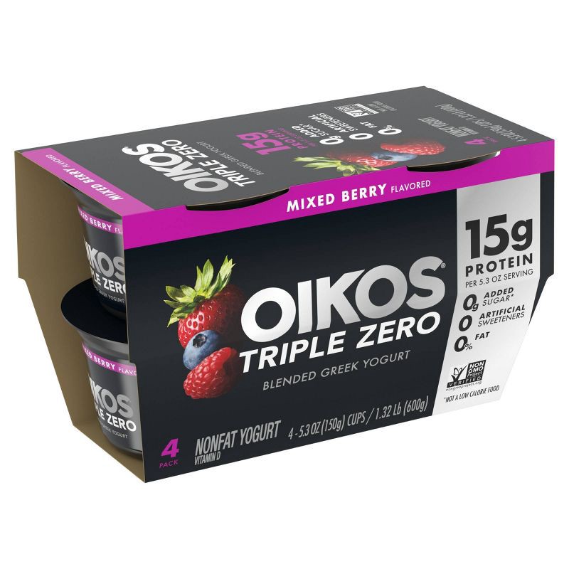 slide 9 of 17, Oikos Triple Zero Mixed Berry Greek Yogurt - 4ct/5.3oz Cups, 4 ct; 5.3 oz