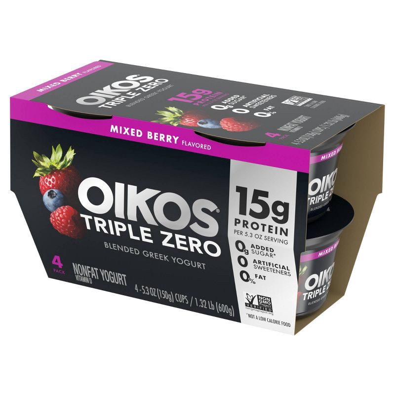 slide 10 of 17, Oikos Triple Zero Mixed Berry Greek Yogurt - 4ct/5.3oz Cups, 4 ct; 5.3 oz