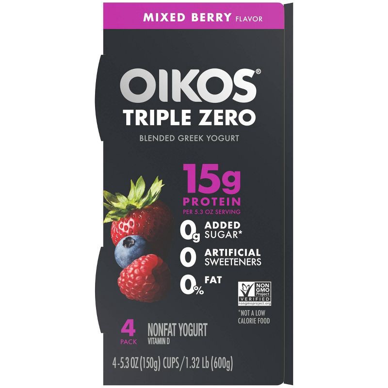 slide 11 of 17, Oikos Triple Zero Mixed Berry Greek Yogurt - 4ct/5.3oz Cups, 4 ct; 5.3 oz