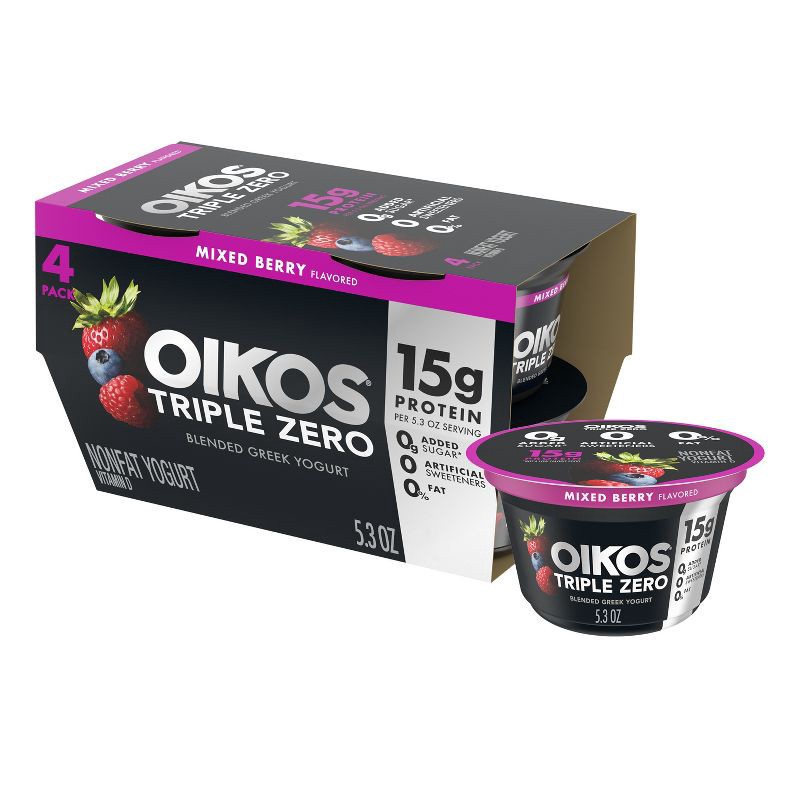 slide 1 of 17, Oikos Triple Zero Mixed Berry Greek Yogurt - 4ct/5.3oz Cups, 4 ct; 5.3 oz