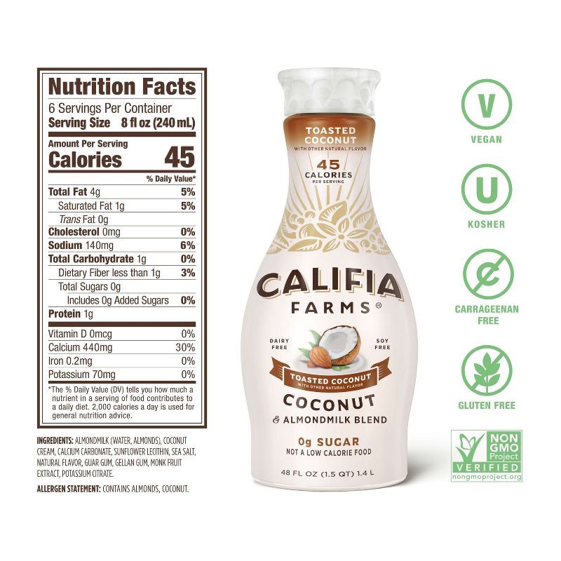 slide 5 of 6, Califia Farms Toasted Coconut Almond Milk - 48 fl oz, 48 fl oz