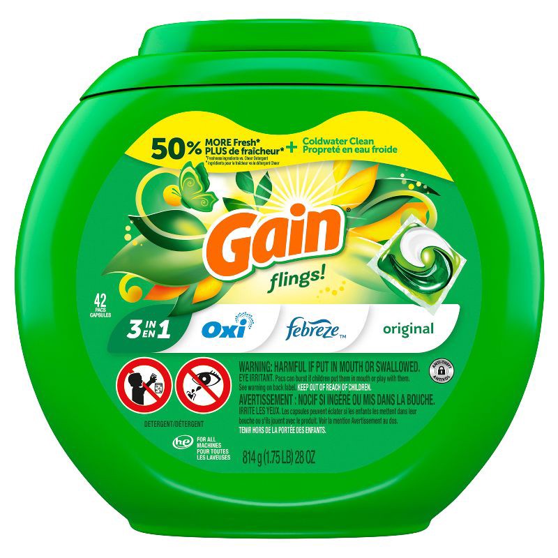 slide 12 of 13, Gain flings! Original 3 in 1 Oxi & Febreze HE Concentrated Laundry Detergent Pods 42 Pacs - 28oz, 28 oz