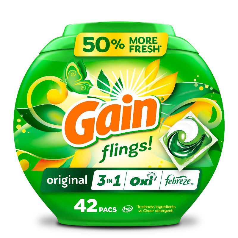 slide 1 of 13, Gain flings! Original 3 in 1 Oxi & Febreze HE Concentrated Laundry Detergent Pods 42 Pacs - 28oz, 28 oz