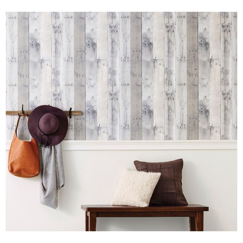 slide 7 of 10, Reclaimed Wood Peel & Stick Wallpaper Gray - Threshold™, 1 ct