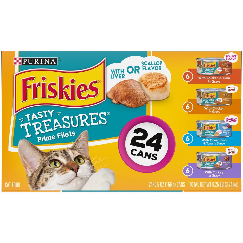 slide 2 of 5, Purina Friskies Tasty Treasures Prime Filets Ocean Fish, Chicken & Turkey Wet Cat Food - 5.5oz/24ct Variety Pack, 8.25 lb