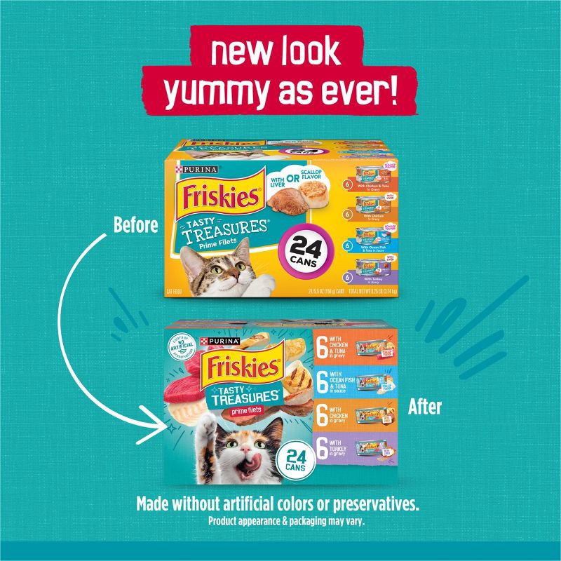 slide 2 of 9, Purina Friskies Tasty Treasures Prime Filets Ocean Fish, Chicken & Turkey Wet Cat Food - 5.5oz/24ct Variety Pack, 24 ct; 5.5 oz