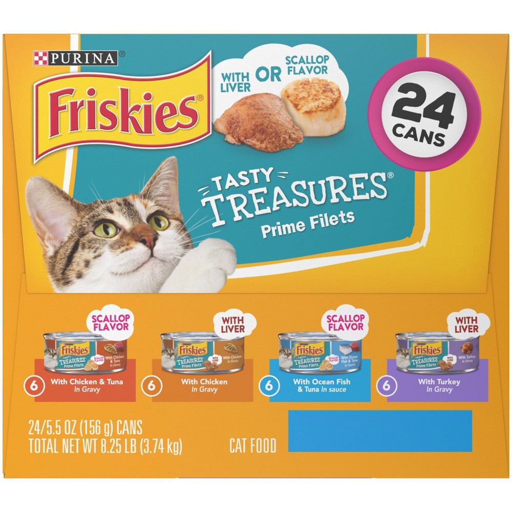 slide 5 of 5, Purina Friskies Tasty Treasures Prime Filets Ocean Fish, Chicken & Turkey Wet Cat Food - 5.5oz/24ct Variety Pack, 8.25 lb