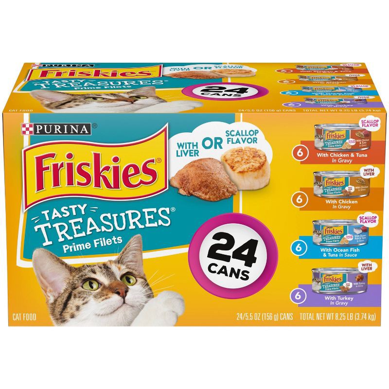 slide 1 of 5, Purina Friskies Tasty Treasures Prime Filets Ocean Fish, Chicken & Turkey Wet Cat Food - 5.5oz/24ct Variety Pack, 24 ct; 5.5 oz