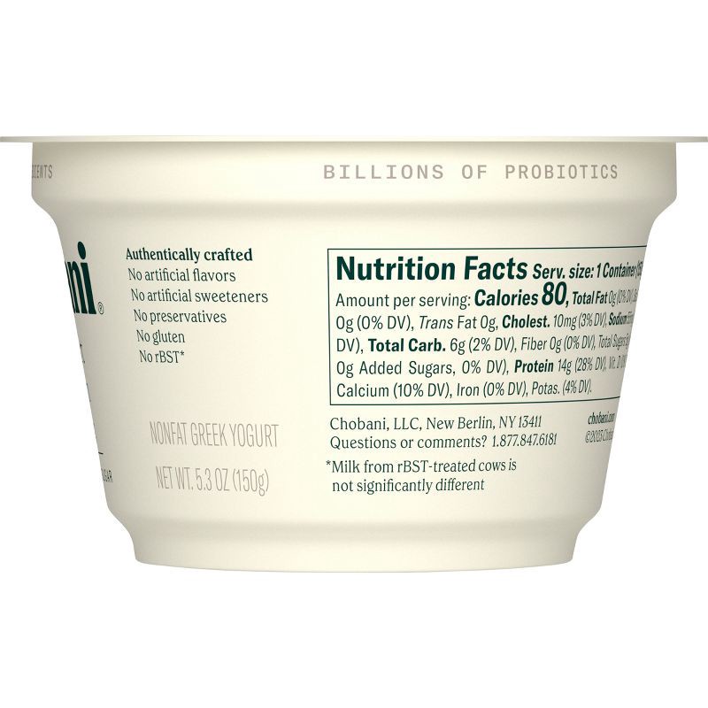 slide 2 of 6, Chobani Plain Nonfat Greek Yogurt - 14g Protein 5.3oz, 14 gram, 5.3 oz