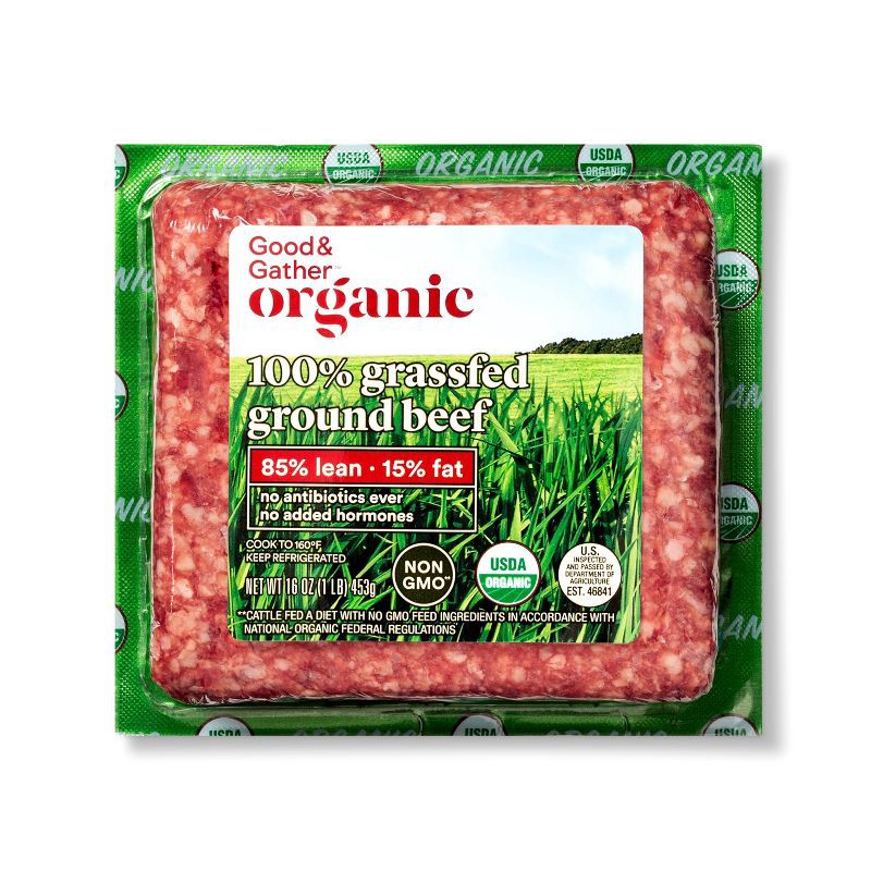 slide 1 of 3, Organic 100% Grassfed 85/15 Ground Beef - 1lb - Good & Gather™, 1 lb