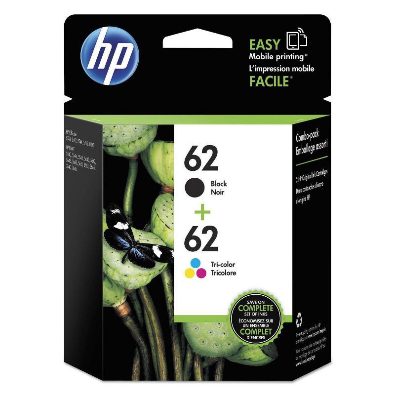 slide 1 of 8, HP Inc. HP 62 Ink Series - 2-pack Black/Tri-color Ink Cartridges, 1 ct