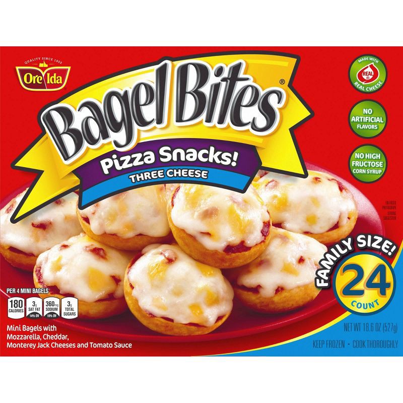 slide 2 of 11, Bagel Bites Three Cheese Mini Pizza Bagel Frozen Snacks - 18.6oz/24ct, 18.6 oz, 24 ct