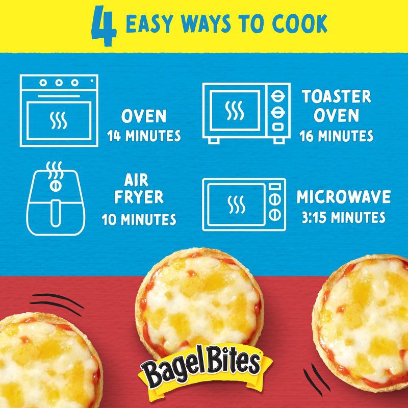 slide 4 of 11, Bagel Bites Three Cheese Mini Pizza Bagel Frozen Snacks - 18.6oz/24ct, 18.6 oz, 24 ct