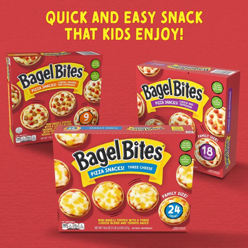 slide 7 of 11, Bagel Bites Three Cheese Mini Pizza Bagel Frozen Snacks - 18.6oz/24ct, 18.6 oz, 24 ct