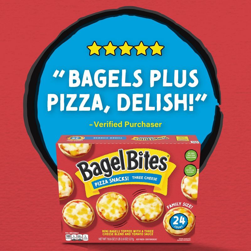 slide 8 of 11, Bagel Bites Three Cheese Mini Pizza Bagel Frozen Snacks - 18.6oz/24ct, 18.6 oz, 24 ct