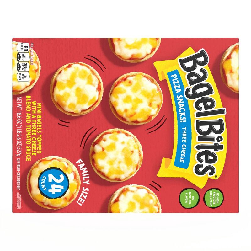 slide 11 of 11, Bagel Bites Three Cheese Mini Pizza Bagel Frozen Snacks - 18.6oz/24ct, 18.6 oz, 24 ct