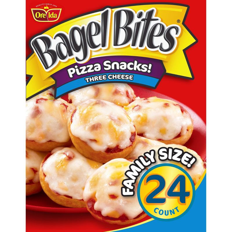 slide 1 of 11, Bagel Bites Three Cheese Mini Pizza Bagel Frozen Snacks - 18.6oz/24ct, 18.6 oz, 24 ct