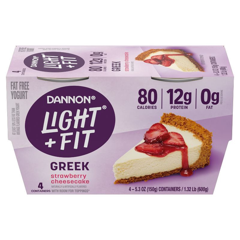 slide 2 of 10, Light + Fit Nonfat Gluten-Free Strawberry Cheesecake Greek Yogurt - 4ct/5.3oz Cups, 4 ct; 5.3 oz