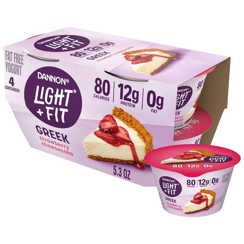 slide 1 of 13, Light + Fit Nonfat Gluten-Free Strawberry Cheesecake Greek Yogurt - 12g Protein 4ct/5.3oz Cups, 12 gram, 4 ct, 5.3 oz