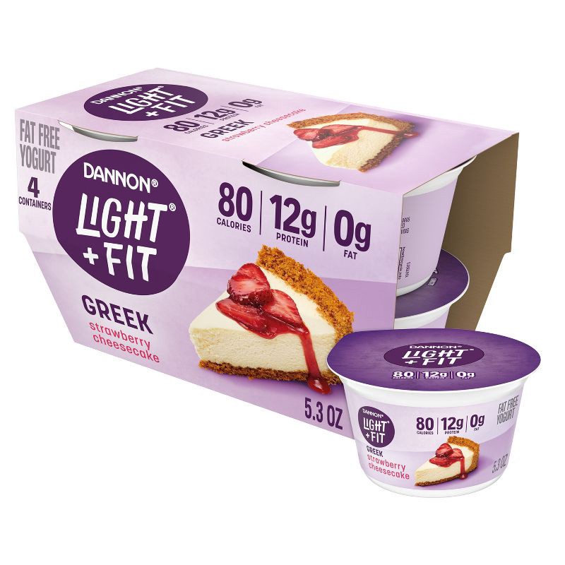 slide 1 of 13, Light + Fit Nonfat Gluten-Free Strawberry Cheesecake Greek Yogurt - 12g Protein 4ct/5.3oz Cups, 12 gram, 4 ct, 5.3 oz