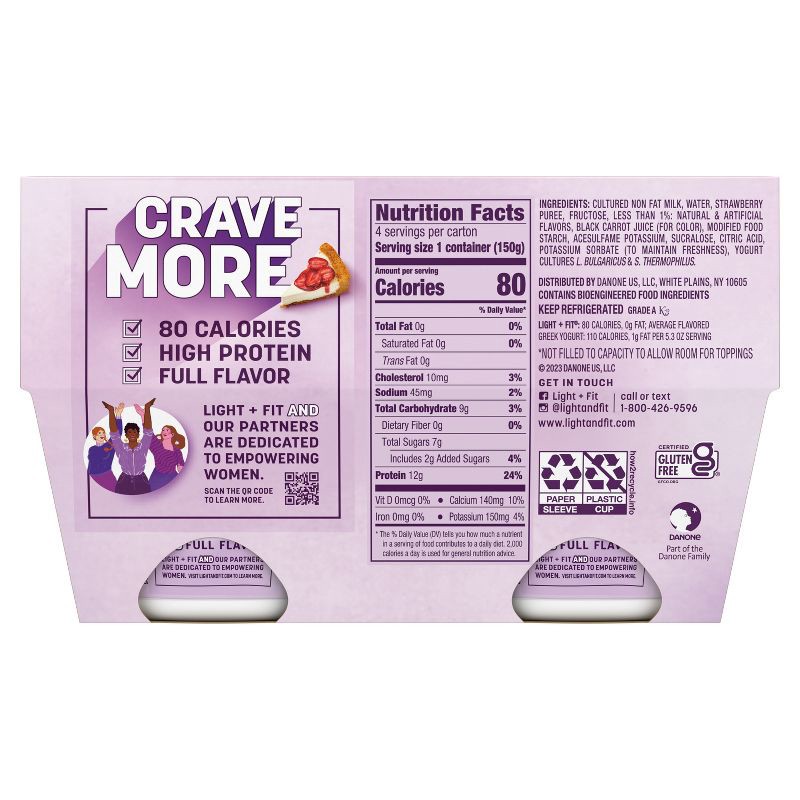 slide 4 of 10, Light + Fit Nonfat Gluten-Free Strawberry Cheesecake Greek Yogurt - 4ct/5.3oz Cups, 4 ct; 5.3 oz