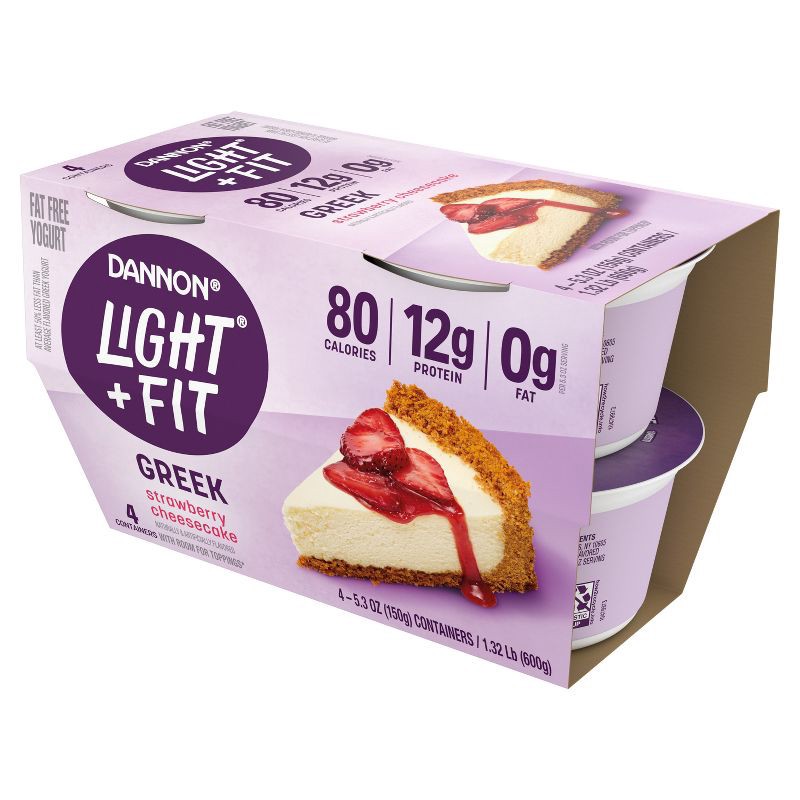 slide 6 of 10, Light + Fit Nonfat Gluten-Free Strawberry Cheesecake Greek Yogurt - 4ct/5.3oz Cups, 4 ct; 5.3 oz