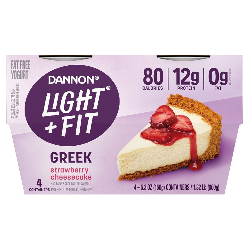 slide 7 of 10, Light + Fit Nonfat Gluten-Free Strawberry Cheesecake Greek Yogurt - 4ct/5.3oz Cups, 4 ct; 5.3 oz