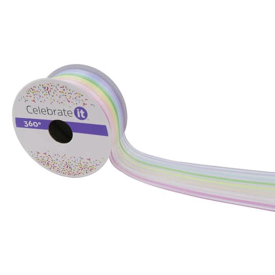 slide 1 of 5, 1.5" X 3yd. Pastel Rainbow Striped Wired Sheer Ribbon By Celebrate It 360°, 1.5 in x 3 yd