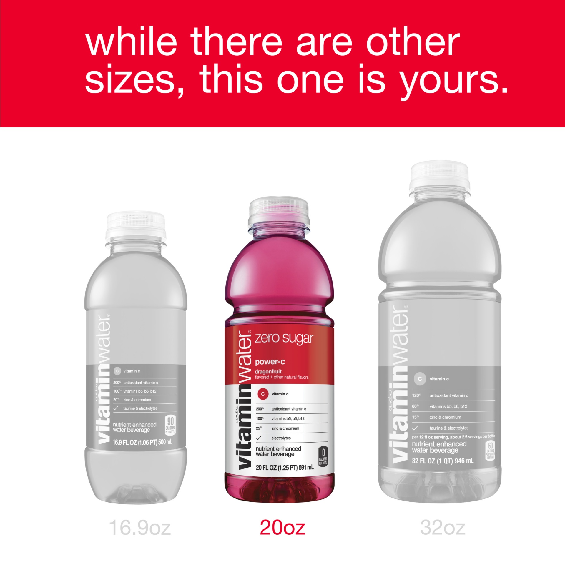 vitaminwater zero sugar powerc, electrolyte enhanced water w/ vitamins, dragonfruit drink 20 oz