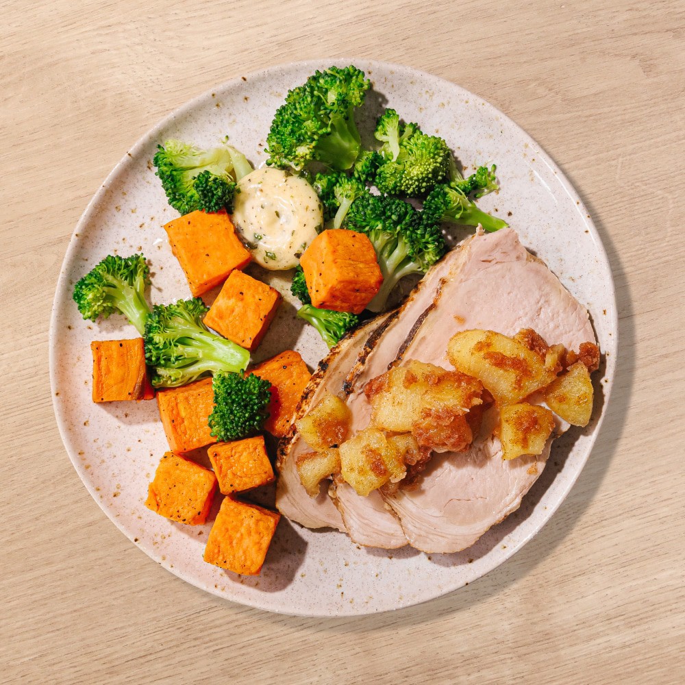slide 2 of 3, Home Chef Heat & Eat Pork Roast With Broccoli & Sweet Potatoes, 12 oz