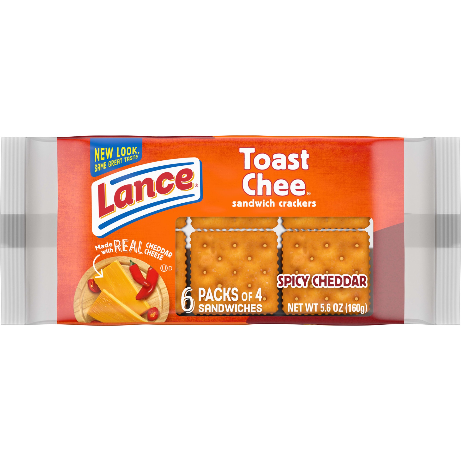 slide 1 of 10, Lance Sandwich Crackers, ToastChee Spicy Cheddar, 6 On-the-Go Packs, 4 Sandwiches Each, 5.6 oz