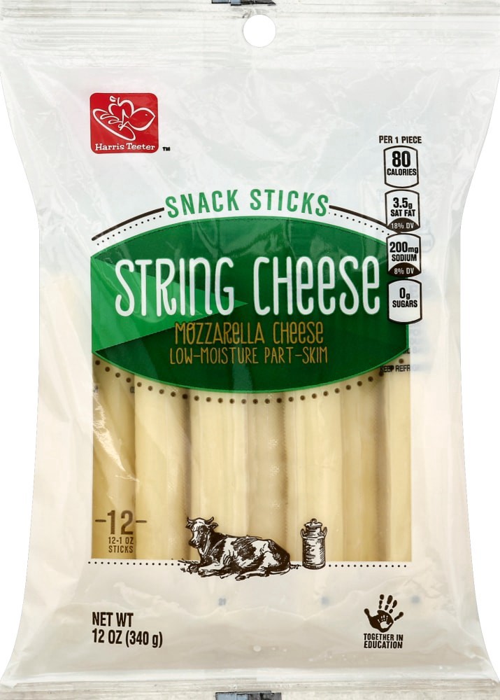 slide 1 of 2, Harris Teeter Mozzarella String Cheese Snack Sticks, 12 ct; 1 oz
