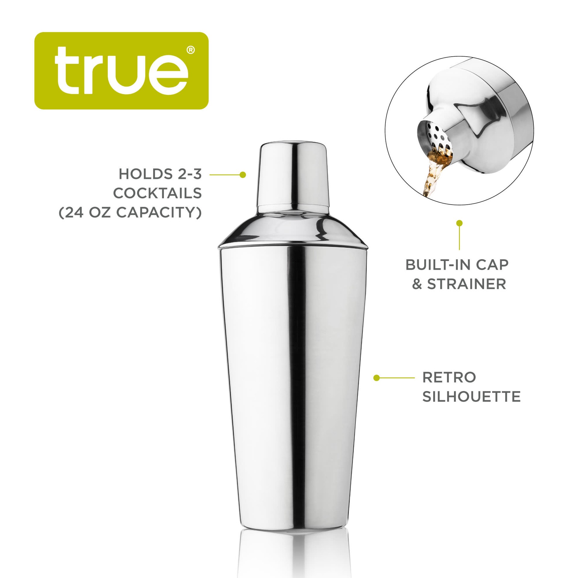 slide 2 of 5, True Retro Cocktail Shaker, Stainless Steel 24 oz Cobbler Shaker With Cap And Strainer, 1 ct