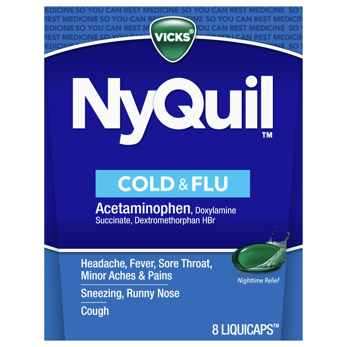 slide 11 of 11, Vicks Nyquil Cold & Flu Nighttime Relief Liquicaps, 8 ct