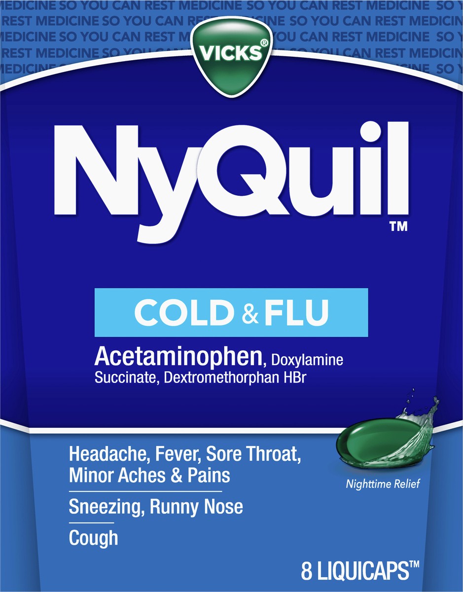 slide 5 of 11, Vicks Nyquil Cold & Flu Nighttime Relief Liquicaps, 8 ct