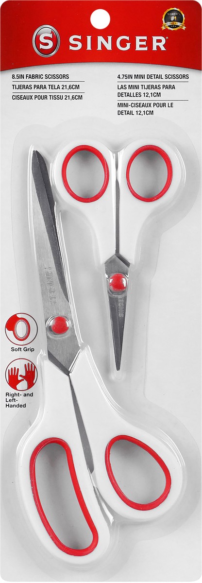 slide 2 of 3, SINGER Sewing & Craft Scissors Set, 8-1/2" Fabric Scissors & 4-3/4 inch Detail Scissors with Comfort Grip , 2 Count, 2 ct