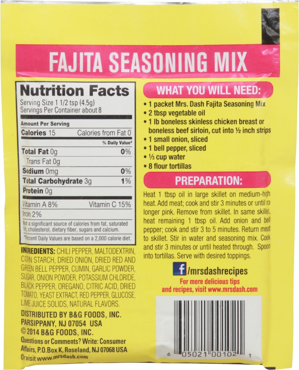 slide 3 of 11, Mrs. Dash Salt-Free Fajita Seasoning Mix 1.25 oz, 1.25 oz