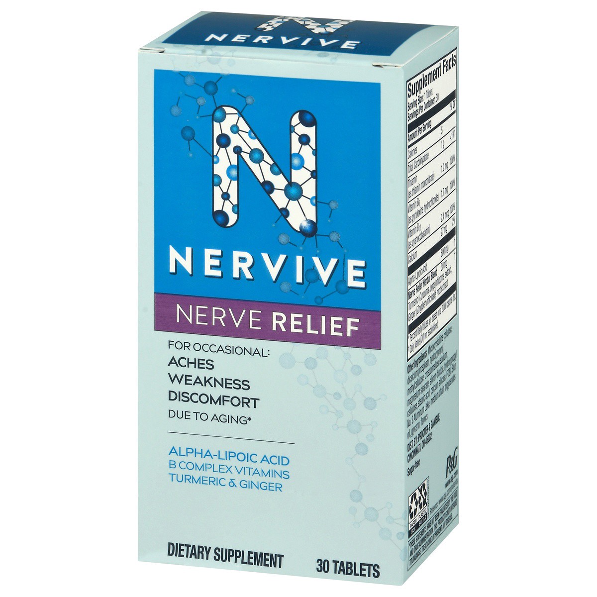 slide 8 of 9, Nervive Nerve Relief, with Alpha Lipoic Acid, to help Reduce Nerve Aches, Weakness, & Discomfort in Fingers, Hands, Toes, & Feet*†, ALA, Vitamins B12, B6, & B1, Turmeric, Ginger, 30 Daily Tablets, 30 ct