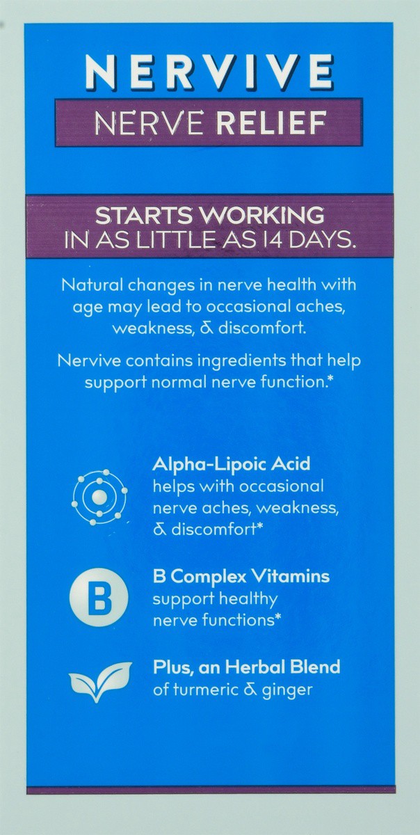 slide 5 of 9, Nervive Nerve Relief, with Alpha Lipoic Acid, to help Reduce Nerve Aches, Weakness, & Discomfort in Fingers, Hands, Toes, & Feet*†, ALA, Vitamins B12, B6, & B1, Turmeric, Ginger, 30 Daily Tablets, 30 ct