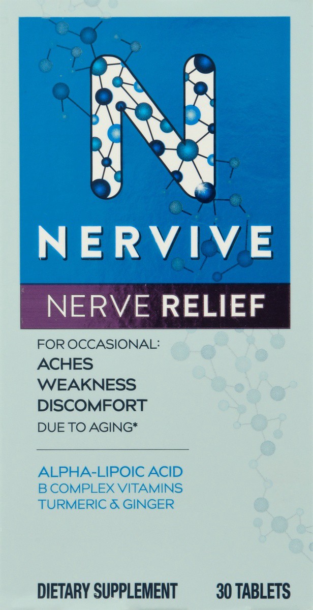 slide 4 of 9, Nervive Nerve Relief, with Alpha Lipoic Acid, to help Reduce Nerve Aches, Weakness, & Discomfort in Fingers, Hands, Toes, & Feet*†, ALA, Vitamins B12, B6, & B1, Turmeric, Ginger, 30 Daily Tablets, 30 ct