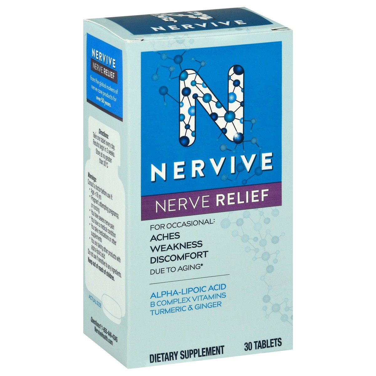 slide 7 of 9, Nervive Nerve Relief, with Alpha Lipoic Acid, to help Reduce Nerve Aches, Weakness, & Discomfort in Fingers, Hands, Toes, & Feet*†, ALA, Vitamins B12, B6, & B1, Turmeric, Ginger, 30 Daily Tablets, 30 ct