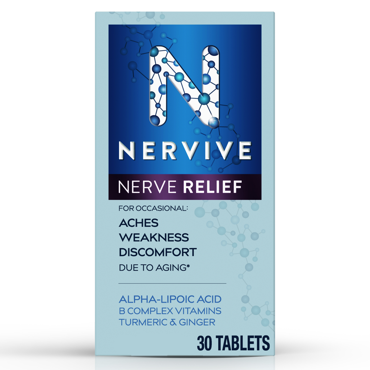 slide 1 of 9, Nervive Nerve Relief, with Alpha Lipoic Acid, to help Reduce Nerve Aches, Weakness, & Discomfort in Fingers, Hands, Toes, & Feet*†, ALA, Vitamins B12, B6, & B1, Turmeric, Ginger, 30 Daily Tablets, 30 ct