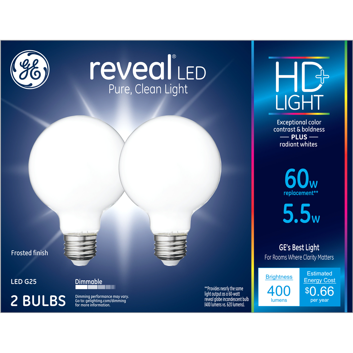 slide 1 of 5, GE Reveal 60 W Equivalent Dimmable Color-Enhancing G25 LED Light Fixture Light Bulbs, 2 ct