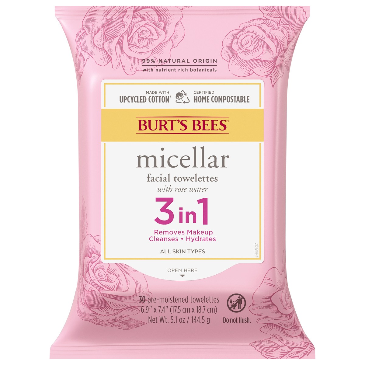 slide 1 of 22, Burt's Bees 3 in 1 Micellar Facial Towelettes with Rose Water 30 ea, 30 cnt